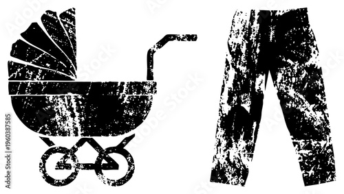 Grunge style black and white vector of baby stroller and cargo pants, distressed texture, retro graphic design, isolated elements for branding or apparel.