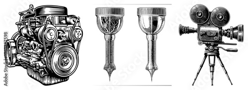 Classic mechanical engine, antique film canisters, old movie camera, engraved art, industrial design, retro tech illustrations.