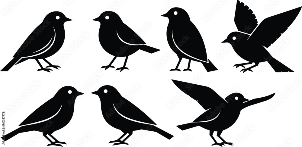 Fototapeta premium Black bird silhouettes collection, various poses, perched flying standing kissing, wildlife animal set, isolated vector illustration design graphic pack bundle clipart