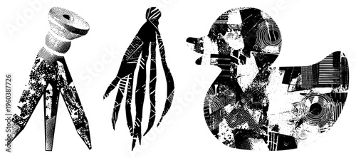 Vector art featuring robot, octopus, and duck with fragmented halftone textures, graphic design elements, cutout shapes, stylized forms.