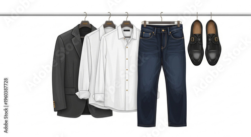 Clothing and shoes hanging on a metal rod including suit shirts jeans and dress shoes organized and ready to wear