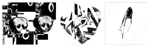 Distorted skull rendered in fragmented vector blocks, halftone grain, glitch art style, isolated graphic,, digital decay aesthetic, graphic design element.