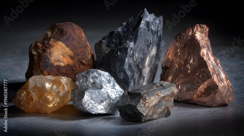 Collection of Raw Mineral Ores and Rocks Displayed Artistically.