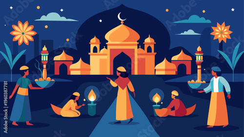 People gathered outside a mosque at night