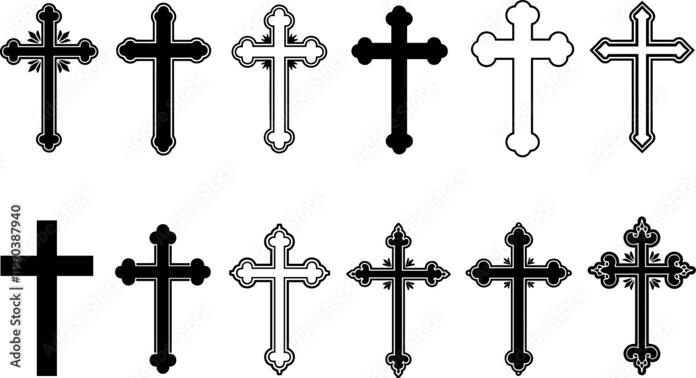 Fototapeta premium Black silhouette vector illustration of diverse Christian cross designs, ornate and simple styles symbolizing faith, religion, presence concept