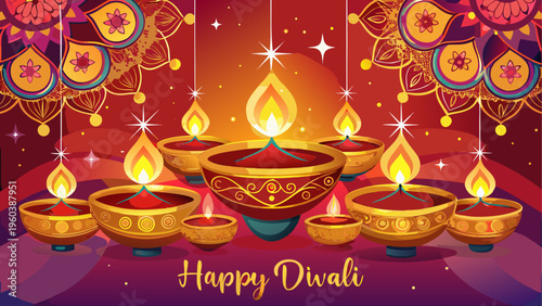 A group of lit diyas on a decorative background