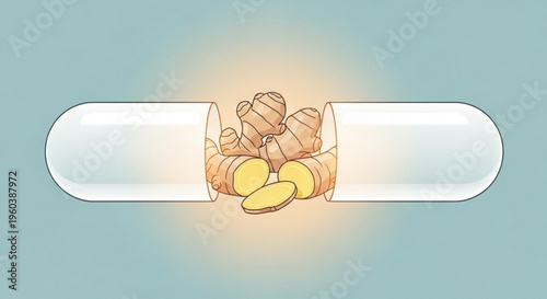 Opened capsule with ginger root and slices inside glowing on a light blue background symbolizing natural health supplements and wellness