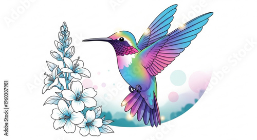 Vibrant hummingbird in flight beside blooming flowers with colorful feathers and long beak in air