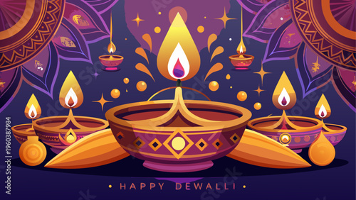 A group of lit diyas on a decorative plate