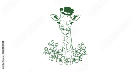 Elegant Giraffe Portrait with Floral Accents and Top Hat.