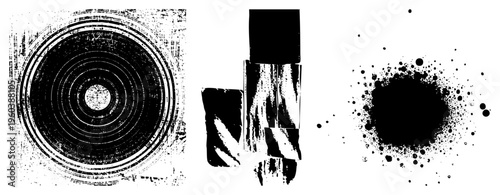 Black and white vector art with ink splatters, circles, and textured blocks. Ideal for creative projects. Also called halftone abstraction or graphic texture motifs.