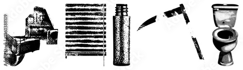 Black and white halftone graphic of five isolated objects pipe elbow, window blinds, glass bottle,, toilet. Vector style with dot texture.