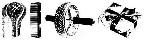 Retro grooming brush, ancient counting tool, fitness ab wheel, wrapped present, vector, stylized everyday objects.