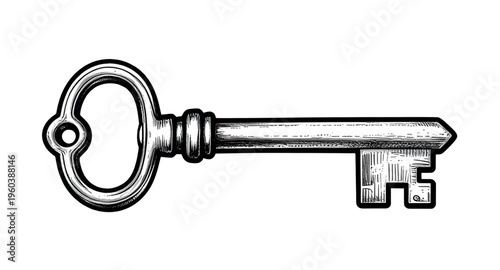 key, skeleton, antique, vintage, old, lock, unlock, metal, security, symbol, black, white, illustration, design, object, classic, simple