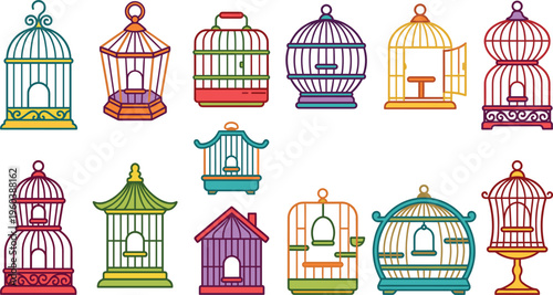 Set of colorful decorative bird cages in various styles vintage ornamental designs flat vector illustration collection for creative projects