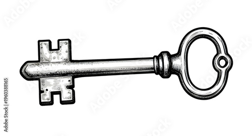 key, skeleton, antique, vintage, old, lock, unlock, metal, security, symbol, black, white, illustration, design, object, classic, element