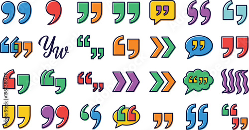 Set of colorful quotation marks and speech bubble punctuation symbols flat vector illustration collection for typography and creative design