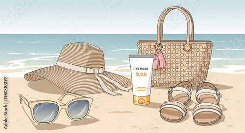 Beach vacation accessories laid out on sandy shore with ocean view including straw hat sunglasses sunscreen sandals and tote bag