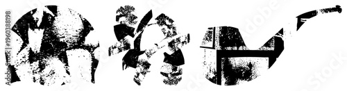 Bold black and white geometric forming stylized forms, glitch art fragments, digital deconstruction, vector cutouts, halftone texture, isolated shapes.