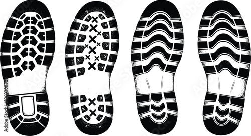 Cuadro en lienzo Black-and-white shoe sole tread patterns showing rugged, X-shaped, and wave-like