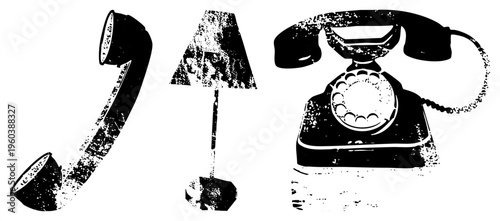 Retro telephone receiver, lampshade, rotary dial phone, black and white vector, distressed texture, vintage communication, isolated objects.