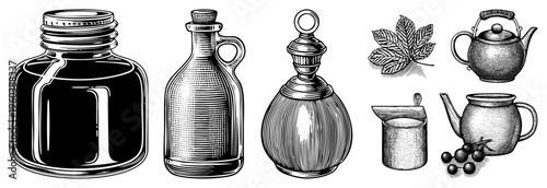 Antique glass containers for condiments, halftone etched texture, vintage tea kettle, maple leaf, grape cluster, rustic kitchenware, illustration.