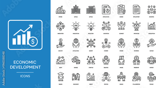 Large collection of economic development icons featuring financial growth charts global trade symbols and business strategy concepts for corporate investment banking and market analysis reports