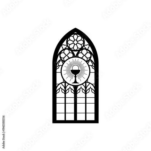 Chalice and Host Eucharistic Symbol Within Gothic Arch Window