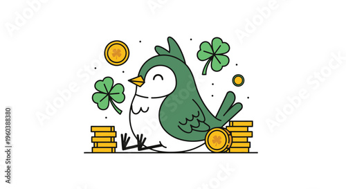 Lucky Bird with Clovers and Gold Coins Illustration.