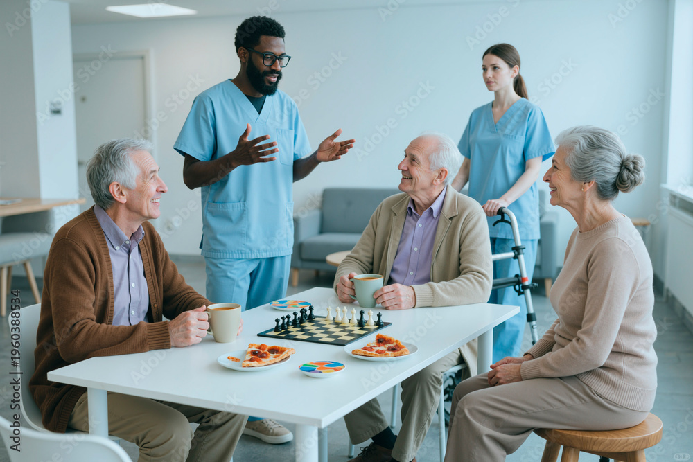 Obraz premium Wide shot of senior men and senior woman socializing with caregivers in care home, playing chess and drinking coffee. Supporting elder care, retirement living, healthcare marketing