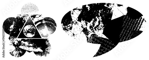 Stylized planet Earth within a triangle, surrounded by circular halftone, abstract cosmic design, vector art, symbolic global representation.