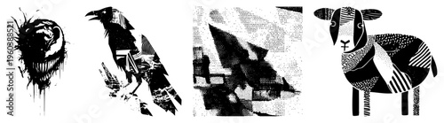 Four graphic animals rendered in bold face, crow, abstract building, sheep all featuring halftone, striped, and splattered textures for artistic effect.