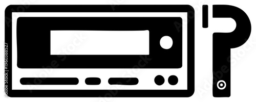 Vector car radio unit with display and buttons, accompanied by stylized question mark symbol, minimalist design, isolated graphic element.