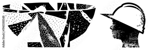 Silhouette of construction worker in hard hat observing fragmented graphic design, halftone textures, black and white vector art, industrial aesthetic.