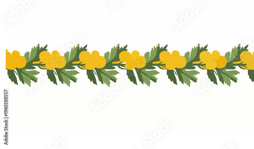 Modern tansy herb seamless border with stylized yellow wildflowers minimal floral vector pattern