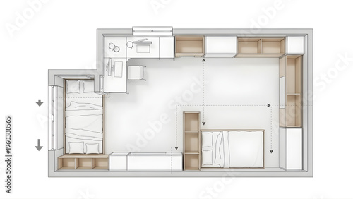 Modern Kids Room Blueprint Floor Plan with Modular Furniture Layout, Children Bedroom Interior Architecture Design on White Background