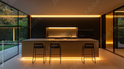 Modern interior kitchen space illuminated dramatically with warm accent lighting