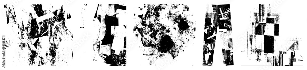 Obraz premium Fragmented black and white vector composition with halftone textures, sharp angular shapes, abstract architecture motifs, graphic design elements, modern art style.