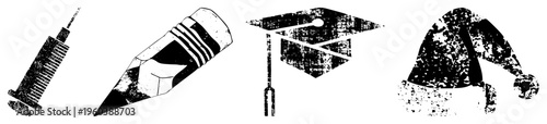 Medical syringe, pencil, graduation cap, Santa hat stylized symbols with distressed texture,, graphic design elements.