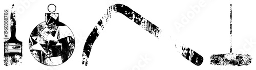 Festive ornament with star, paintbrush, hockey stick, and broom in distressed texture, isolated vector for holiday or sports themes.