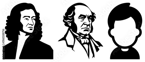 Stylized busts of historical figures with distinct hairstyles and attire, rendered as bold black, ideal for graphic design or educational use.