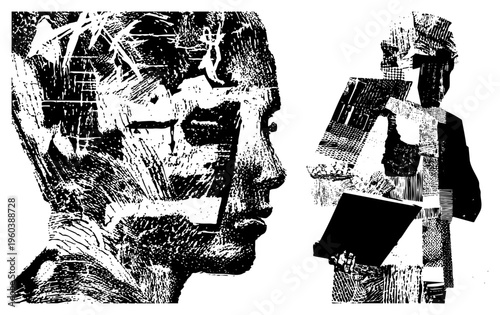 Stylized human head and body in high contrast halftone, graphic art, vector illustration,, textured shading, design.