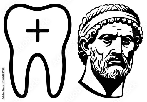 Classical Greek thinker bust with laurel wreath, dental, medical dentistry symbol, black vector, educational graphic, health care emblem.
