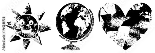 Three stylized symbols smiling sun, globe, heart rendered in black and white with halftone textures and fragmented, conveying global unity and emotion.