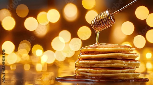 Stack of breakfast pancakes receives a drizzle of golden sweetener from a dipper against a warm bokeh background
