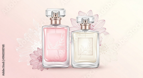Two perfume bottles with pink and clear liquid on a floral background