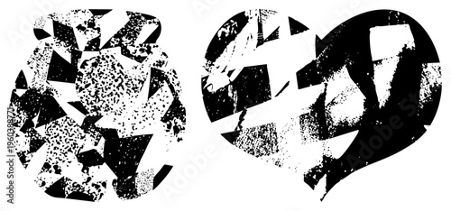 Black and white fractured geometric forms with halftone texture, stylized vector art, graphic design elements, modern abstract composition.