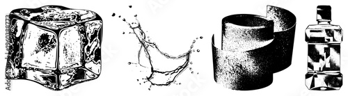 Black and white halftone vector illustration of ice cube, water splash, stacked cylinders, and bottle isolated graphic elements for design.