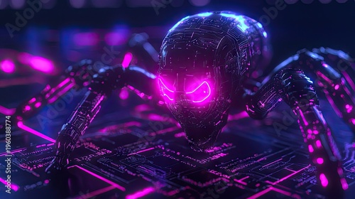 Cybernetic insectoid creature with glowing magenta eyes rests upon intricate electronic pathways