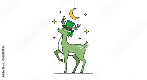 St. Patricks Day Deer with Green Hat and Moon.